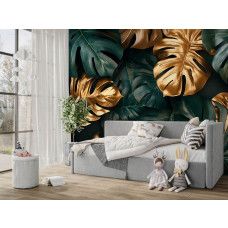 Fototapete mit botanischem Monstera Muster in Grün und Gold in einem luxuriösen Kinderzimmer.