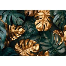 Fototapete mit Monstera Blättern in Dunkelgrün und goldfarbenen Akzenten mit luxuriöser botanischer Ausstrahlung.