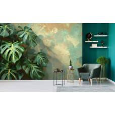 Eine Fototapete mit Monstera-Blättern im urbanen Dschungel-Stil in einem Geschäftsraum.