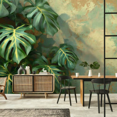 Eine Fototapete mit Monstera-Blättern im urbanen Dschungel-Stil in einer Küche.