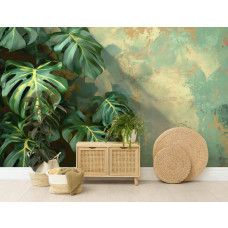 Eine Fototapete mit Monstera-Blättern im urbanen Dschungel-Stil in einem Wohnzimmer mit Vliestapete.