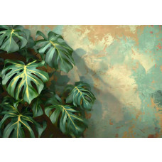 Eine Fototapete mit Monstera-Blättern im urbanen Dschungel-Stil.