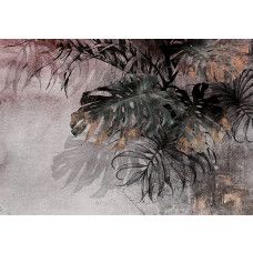 Fotobehang met Monstera palm bladeren in betonlook en bruin