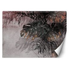 Fotobehang met Monstera palm bladeren in betonlook en bruin