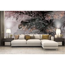 Fotobehang met Monstera palm bladeren in betonlook en bruin
