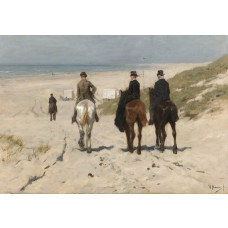 Fototapete mit einem Gemälde von Anton Mauve, Morgenrit am Strand, auf dem Reiter zu Pferd in Richtung Strand reiten.