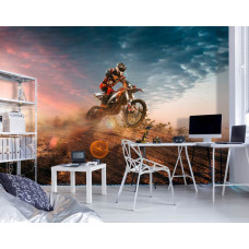 Eine Fototapete mit einem Motocross-Fahrer in Aktion in der Wüste im Gaming-Zimmer.