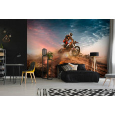 Eine Fototapete mit einem Motocross-Fahrer in Aktion in der Wüste im Jungenzimmer.