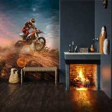 Eine Fototapete mit einem Motocross-Fahrer in Aktion in der Wüste im Wohnzimmer.
