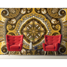 Eine Fototapete mit einem gelben abstrakten Mosaļek und geometrischen Mustern.