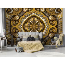 Eine Fototapete mit einem gelben Mosaļek-Muster und geometrischen Formen für das Schlafzimmer.