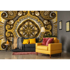 Eine Fototapete mit einem gelben abstrakten Mosaļek-Muster im geometrischen Stil für das Wohnzimmer.