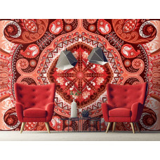 Eine Fototapete mit einem geometrischen roten mzaļek und abstrakten Mustern.