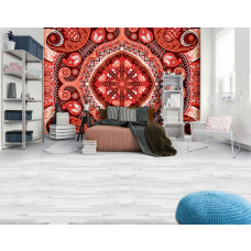 Eine Fototapete mit einem abstrakten roten mzaļek im geometrischen Stil für das Schlafzimmer.