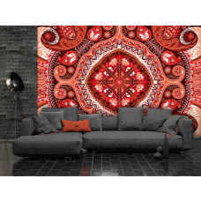 Eine Fototapete mit einem roten abstrakten mzaļek-Muster im geometrischen Kunststil für das Wohnzimmer.