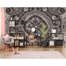 Eine Fototapete mit schwarz-weißem Mzaļek-Muster in abstraktem Design für das Wohnzimmer.