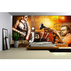 Eine Fototapete von Jazz-Musikstilen mit Retro-Instrumenten in einem abstrakten Design.