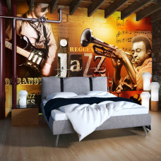 Eine Fototapete mit Jazz-Instrumenten im Retro-Stil, ideal für Musikliebhaber in einem Schlafzimmer.