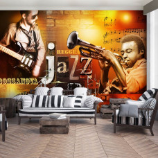 Jazz-Musikstile Fototapete, mit Retro-Instrumenten und einem künstlerischen Stil, ideal für Musikliebhaber.