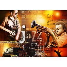 Eine Fototapete von Musikinstrumenten im Retro-Jazz-Stil mit abstrakten Akzenten.