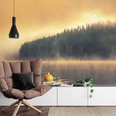 Eine inspirierende Fototapete mit einem Wald und einer nebligen Seelandschaft, ideal für ein Wohnzimmer.