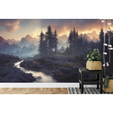 Eine Fototapete mit einer malerischen Landschaft mit einem Fluss und Bergen, abgebildet in einem Büro.