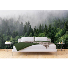 Eine Fototapete eines mysteriösen nebligen Bergwaldes in einem Schlafzimmer.