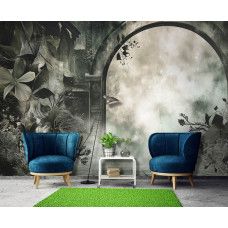 Fotobehang met bloemen en vervallen muren van een ruïne aan de muur van een sfeervolle woonkamer.