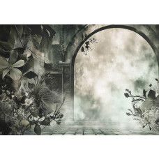 Fotobehang met een mysterieuze ruïne omringd door bloemen en overwoekerde natuur in zachte tinten.