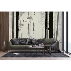 Eine mystische Wald-Fototapete, die einem Wohnzimmer eine ruhige Atmosphäre verleiht.