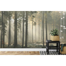 Eine bezaubernde Fototapete mit einer mystischen Waldlandschaft und Sonnenstrahlen in einem Schlafzimmer.