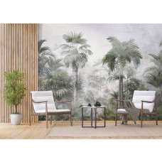 Fototapete von einem mystischen tropischen Regenwald mit Dschungelpflanzen, ideal für einen Geschäftsraum, der Ruhe und Natur ausstrahlt.