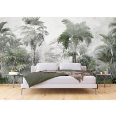 Fototapete von einem mystischen tropischen Regenwald in einem Dschungelwald für das Schlafzimmer, mit dichter Vegetation und einer ruhigen Atmosphäre.