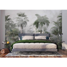 Fototapete von einem tropischen Regenwald im Dschungel, perfekt für ein Schlafzimmer mit üppiger Vegetation und exotischen Bäumen.