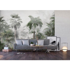 Fototapete von einem mystischen Dschungelwald im tropischen Regenwald für das Wohnzimmer, mit lebendigen Farben der Natur und beeindruckenden Bäumen.