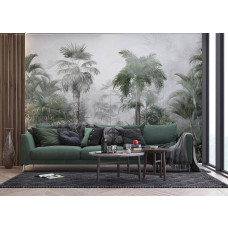 Fototapete von einem mystischen tropischen Regenwald mit üppigen Dschungelpflanzen und Bäumen im Wohnzimmer.