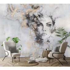 Ein Fototapet von einer mystischen Frau mit luxuriösen Goldtönen in einem Porträt auf Beton in einem Wohnzimmer.