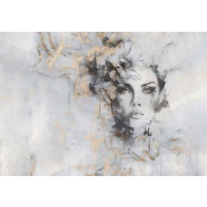 Ein Fototapet von einer mystischen Frau mit luxuriösen Goldtönen in einem Porträt auf Beton.