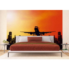 Ein Fototapet von einem Nachtflug mit einem Flugzeug, das startet, in einem Schlafzimmer mit Airtex.