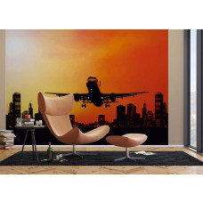 Ein Fototapet von einem Nachtflug mit einem Flugzeug, das startet, in einem Wohnzimmer mit Airtex.