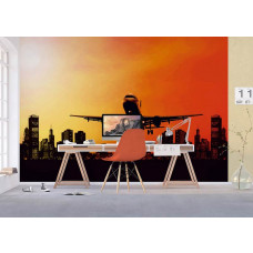 Ein Fototapet von einem Nachtflug mit einem Flugzeug, das startet, in einem Büro.