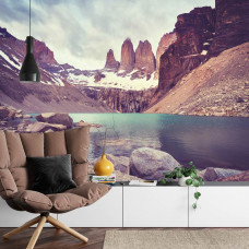 Eine Fototapete mit der schönen Natur von Torres del Paine, geeignet für ein Wohnzimmer.