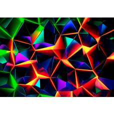 Fotobehang met scherpe digitale fragmenten in een kleurrijke neonmix van rood, paars, groen, blauw en geel.
