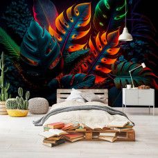 Eine Fototapete mit auffälligen neonfarbenen Dschungelblättern, entworfen für ein Kinderzimmer.