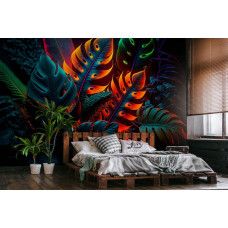 Eine Fototapete mit Neon-Akzenten und Monstera-Blättern in einem Schlafzimmerdesign.