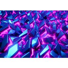 Fotobehang met scherpe kristalvormen in glanzend blauw en een neon roze-paarse gloed voor een futuristische uitstraling.
