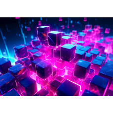 Fotobehang met een 3D-patroon van kubussen in een digitale ruimte, verlicht met felroze en blauwe neonaccenten.