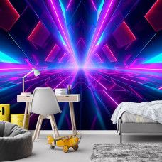 Fotobehang in gamekamer met een neon lichttunnel in roze en blauw, diepte-effect en snelheid in een digitale omgeving.