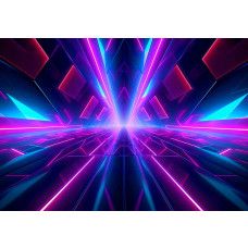 Fotobehang met een felgekleurde neon tunnel in 3D, met roze en blauwe lichtstralen die een futuristisch effect creëren.