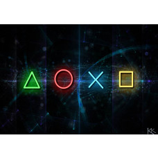 Fotobehang met verlichte PlayStation-symbolen in neonkleuren op een zwarte en blauwe achtergrond.